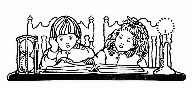 A woodcut illustration of a boy and girl reading.