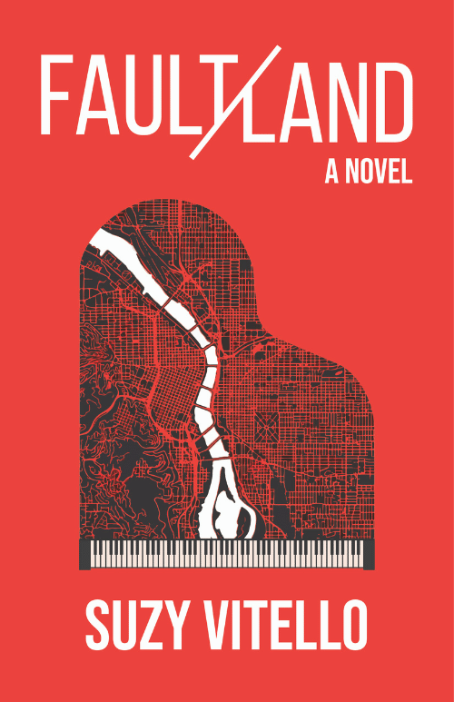 FAULTLAND's red book cover featuring a map of Portland in the shape of a piano.