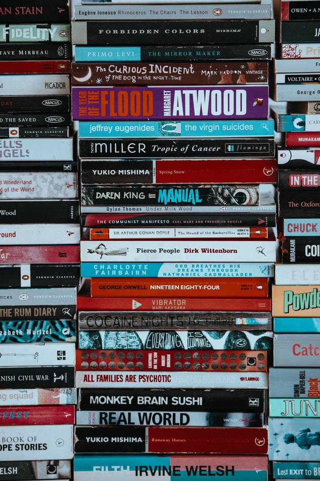 A stack of books across several genres, their spines facing out to showcase their titles.