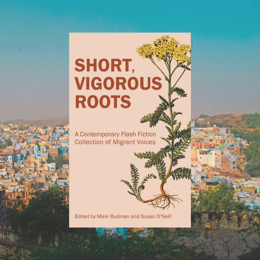 The cover of SHORT, VIGOROUS ROOTS, a 2022 anthology published by Ooligan Press, centered over an image of a colorful foreign city taken from the sky