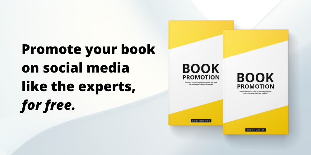 Text reading "Promote your book on social media like the experts, for free." next to two books with covers that say "Book Promotion"
