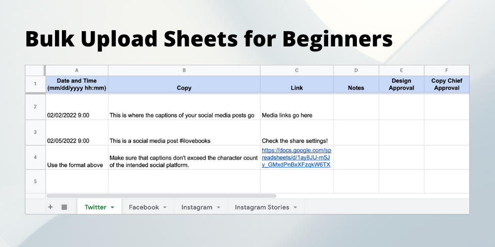 Text reading "Bulk Upload Sheets for Beginners" above an example of a bulk upload spreadsheet