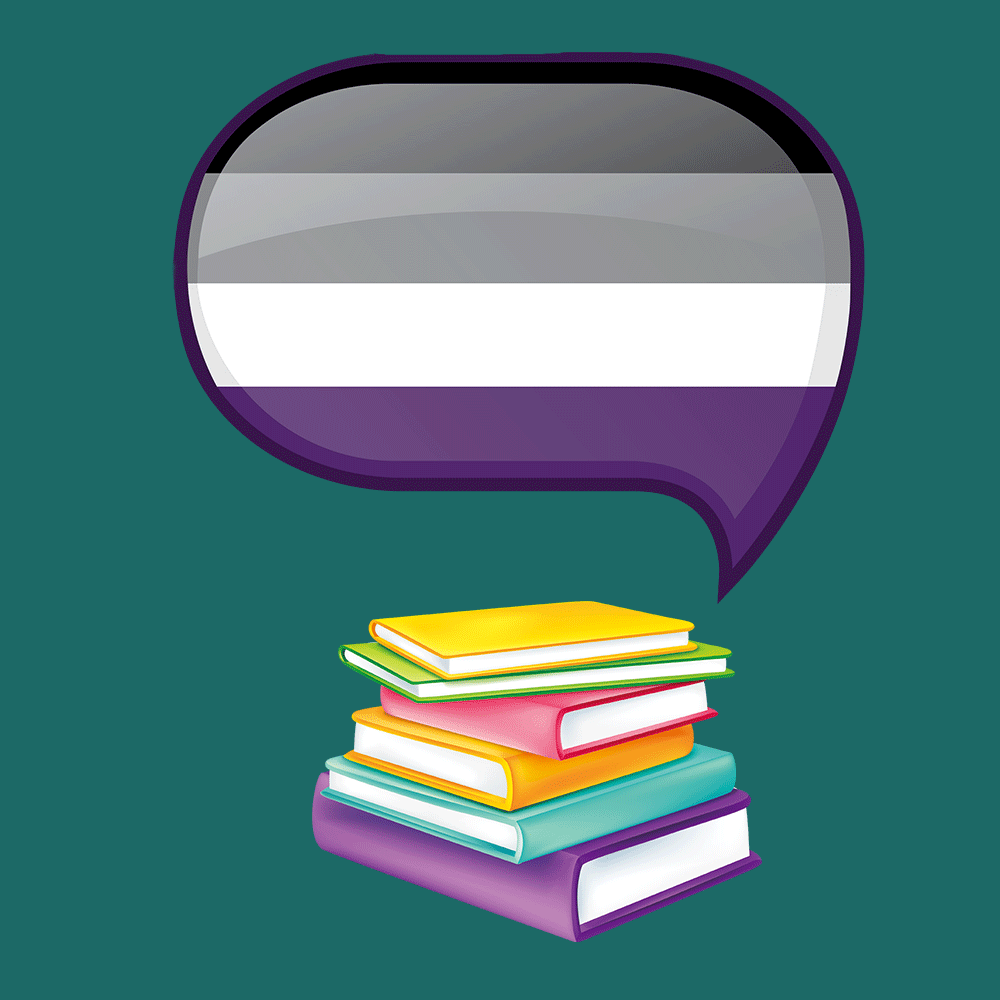 stack of books with asexual pride flag