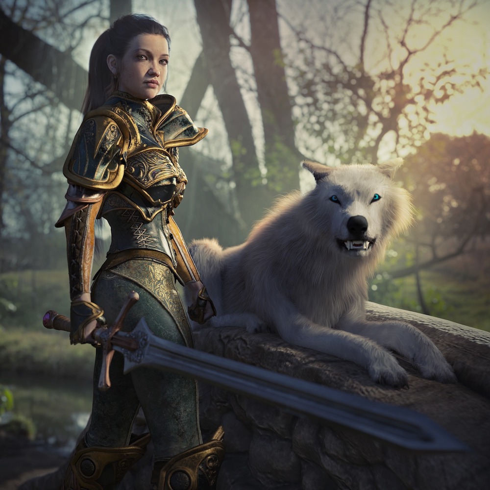 Woman in armor with sword and a growling white wolf