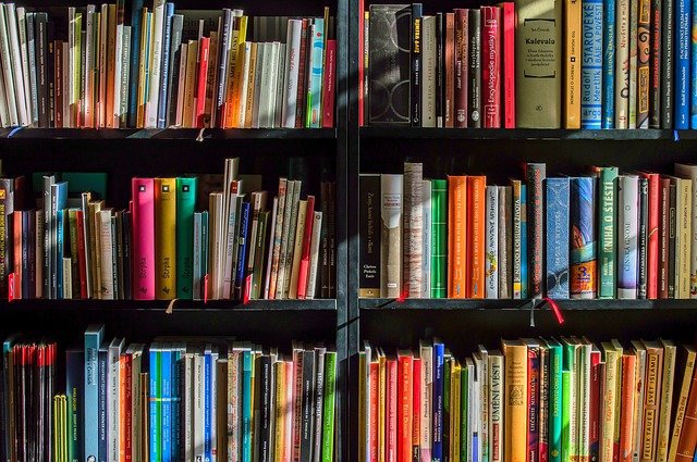 A black bookshelf filled with multicolored books