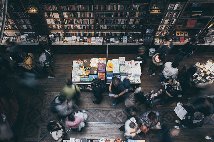 aerial view of a busy bookstore