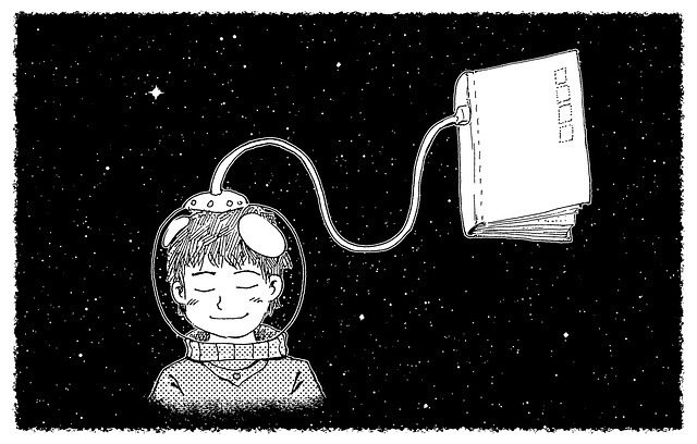 A child in a spacesuit attached to a book