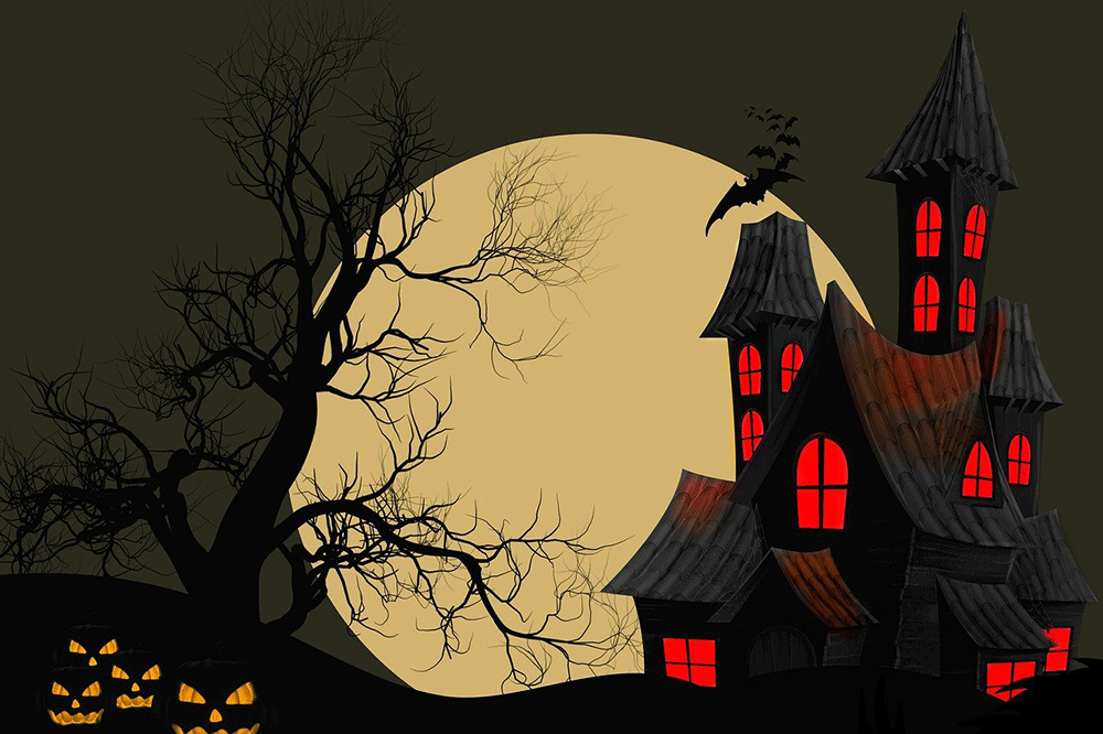 animated haunted house and moon