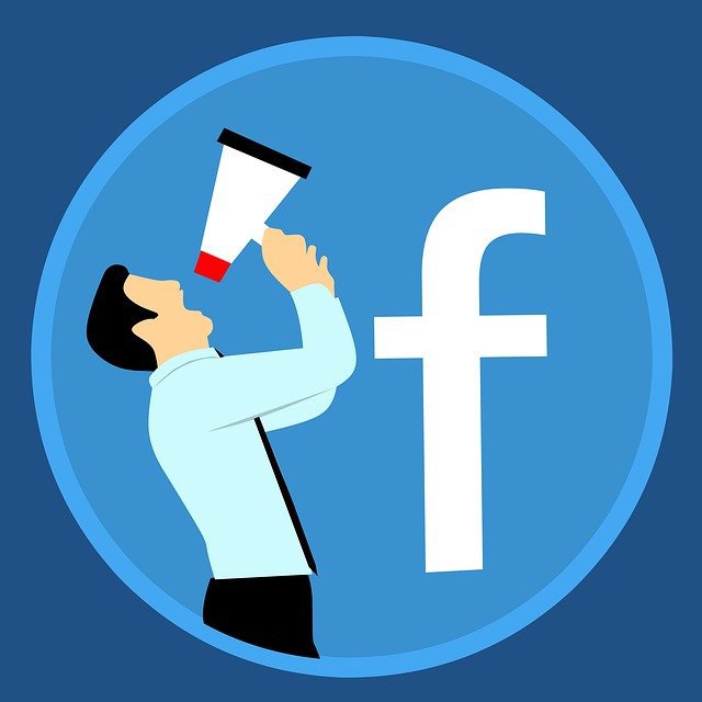 illustration of Man yelling through megaphone in front of Facebook logo