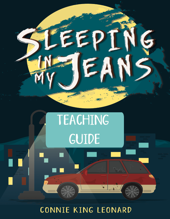 illustrated cover art for book showing a car, a moon and city buildings. Text reads "Sleeping in My Jeans" and "Teaching Guide"