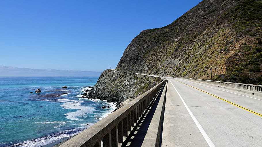 photo of two lane highway with ocean on one side, steep hill on the other