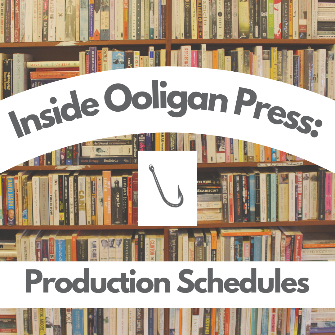 Bookshelf in background. Text in in foreground reads "Inside ooligan press: production schedules".