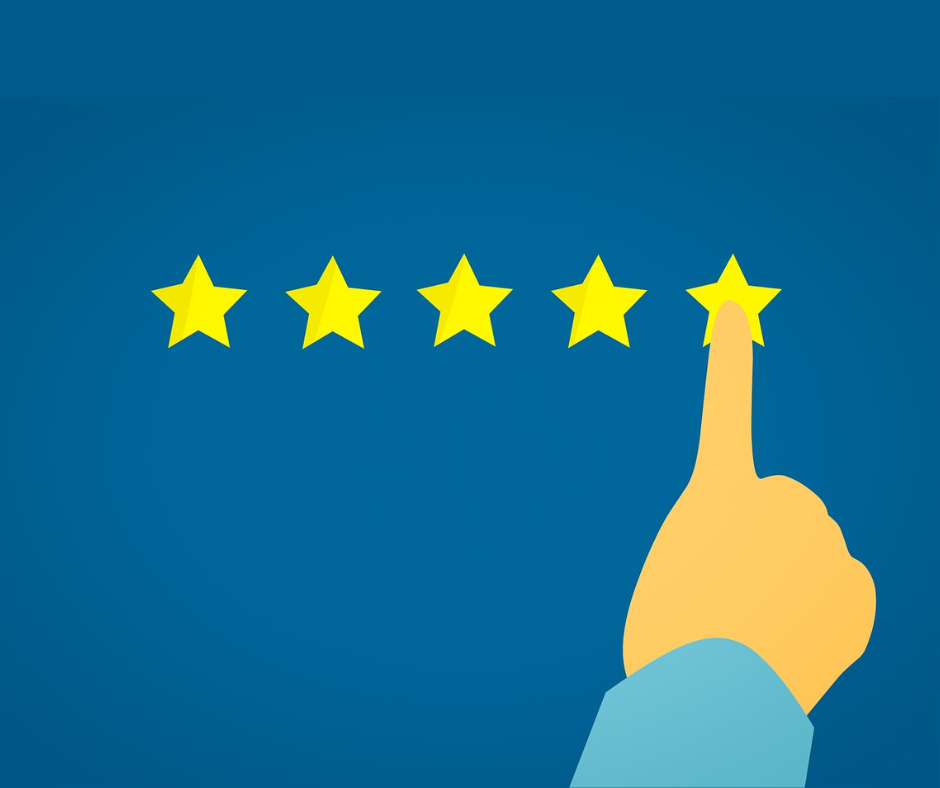 Five stars against a blue background, with a finger pointing to the fifth star.