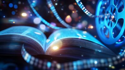 A book with a reel of film on top, representing the adaptation of a novel into a film.