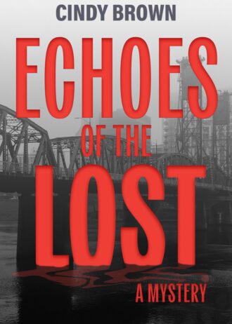 Picture of metal bridge over a river on a grey foggy day. The title "Cindy Brow Echoes of the Lost: A Mystery" in bright red rise from the wayter.