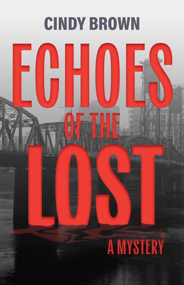 Picture of metal bridge over a river on a grey foggy day. The title "Cindy Brow Echoes of the Lost: A Mystery" in bright red rise from the wayter.